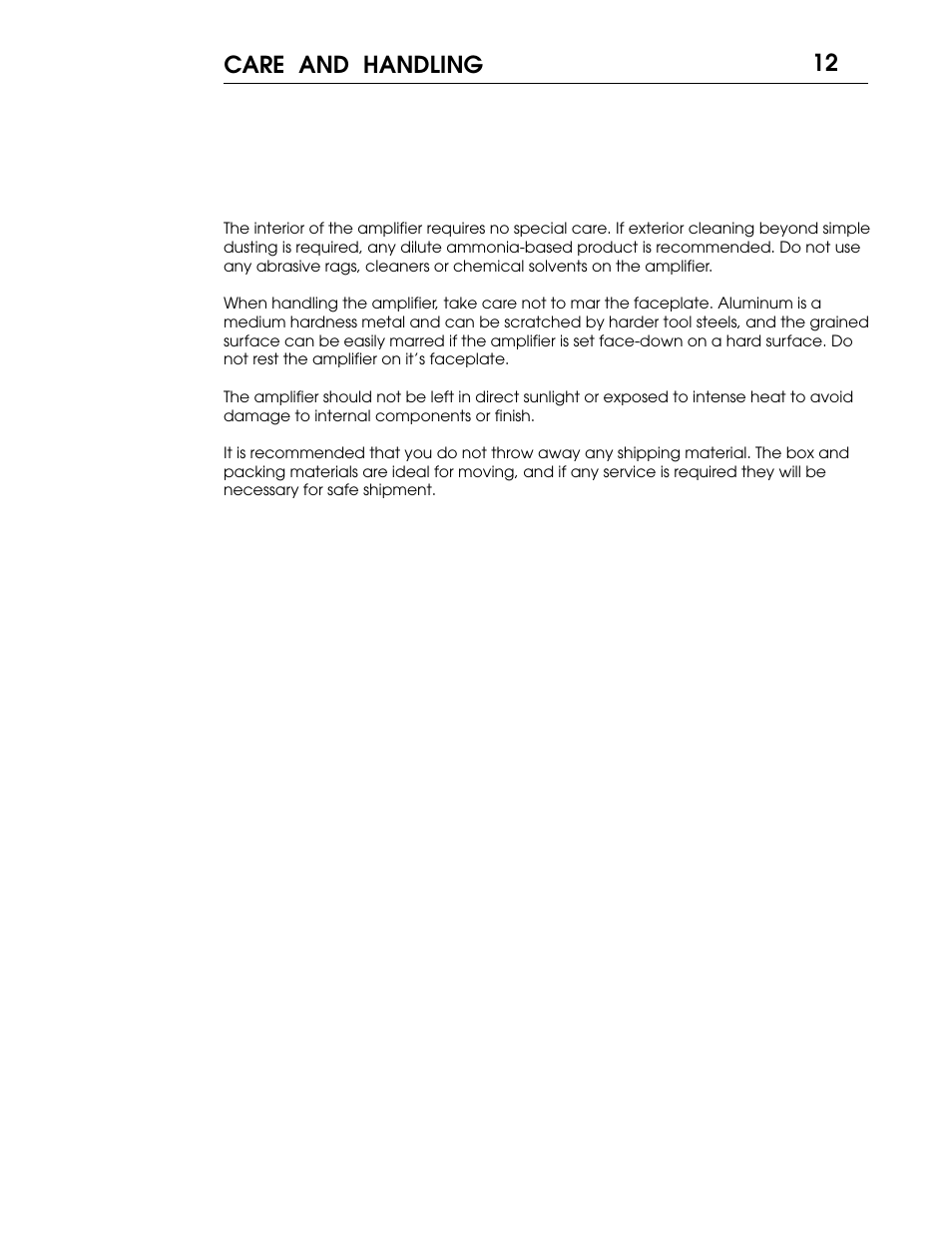 S55 p12.pdf, 12 care and handling | Coda Stereo Amplifier S5.5 User Manual | Page 13 / 16