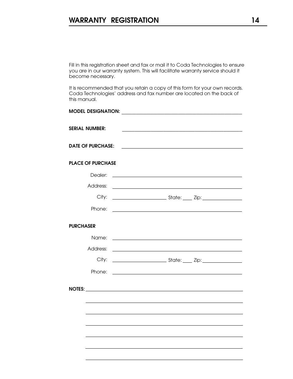 S55 p14.pdf, 14 warranty registration | Coda Stereo Amplifier S5.5 User Manual | Page 15 / 16