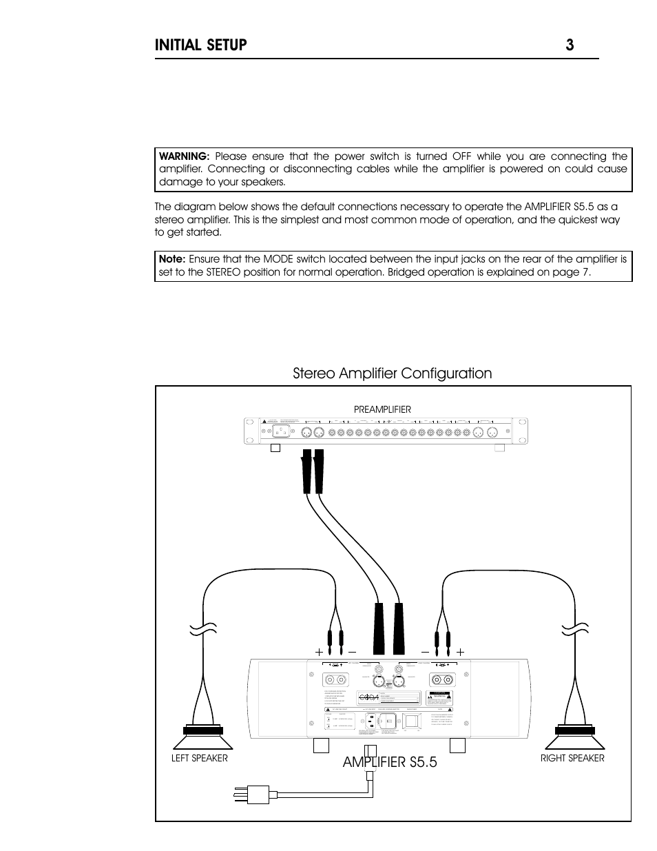 S55 p3.pdf, 3initial setup, Stereo amplifier configuration | Amplifier s5.5 | Coda Stereo Amplifier S5.5 User Manual | Page 4 / 16