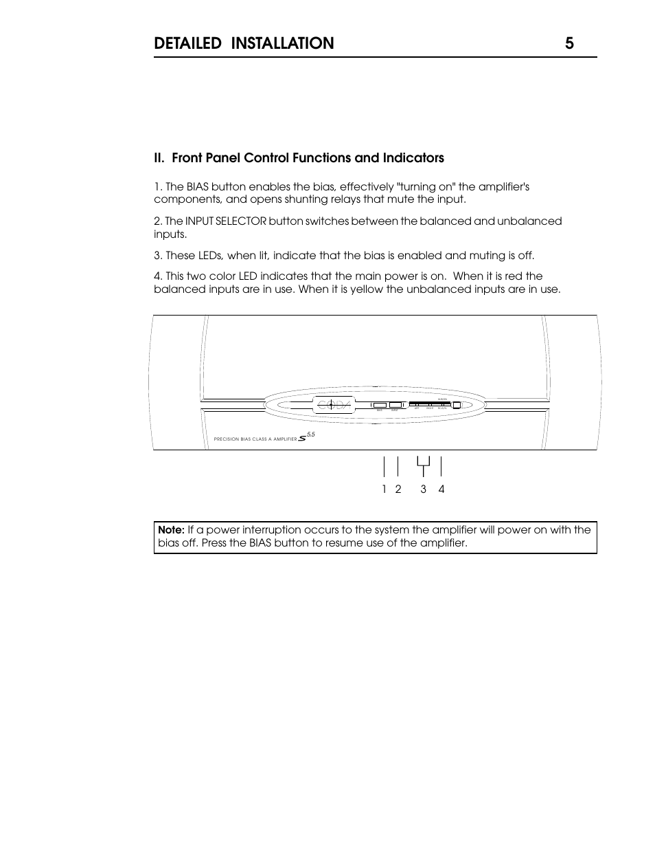 S55 p5.pdf, Detailed installation, Ii. front panel control functions and indicators | Coda Stereo Amplifier S5.5 User Manual | Page 6 / 16