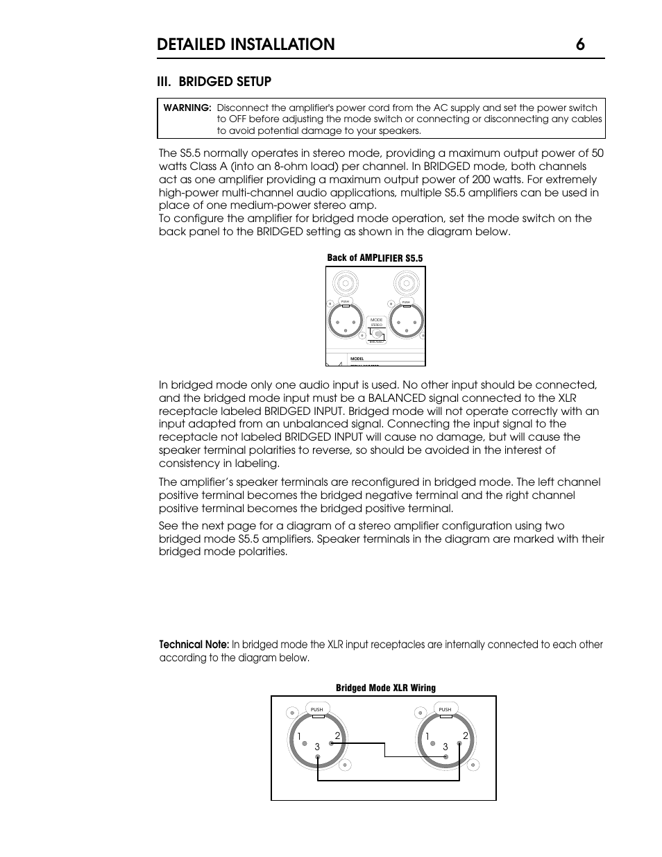 S55 p6.pdf, Detailed installation 6, Iii. bridged setup | Coda Stereo Amplifier S5.5 User Manual | Page 7 / 16