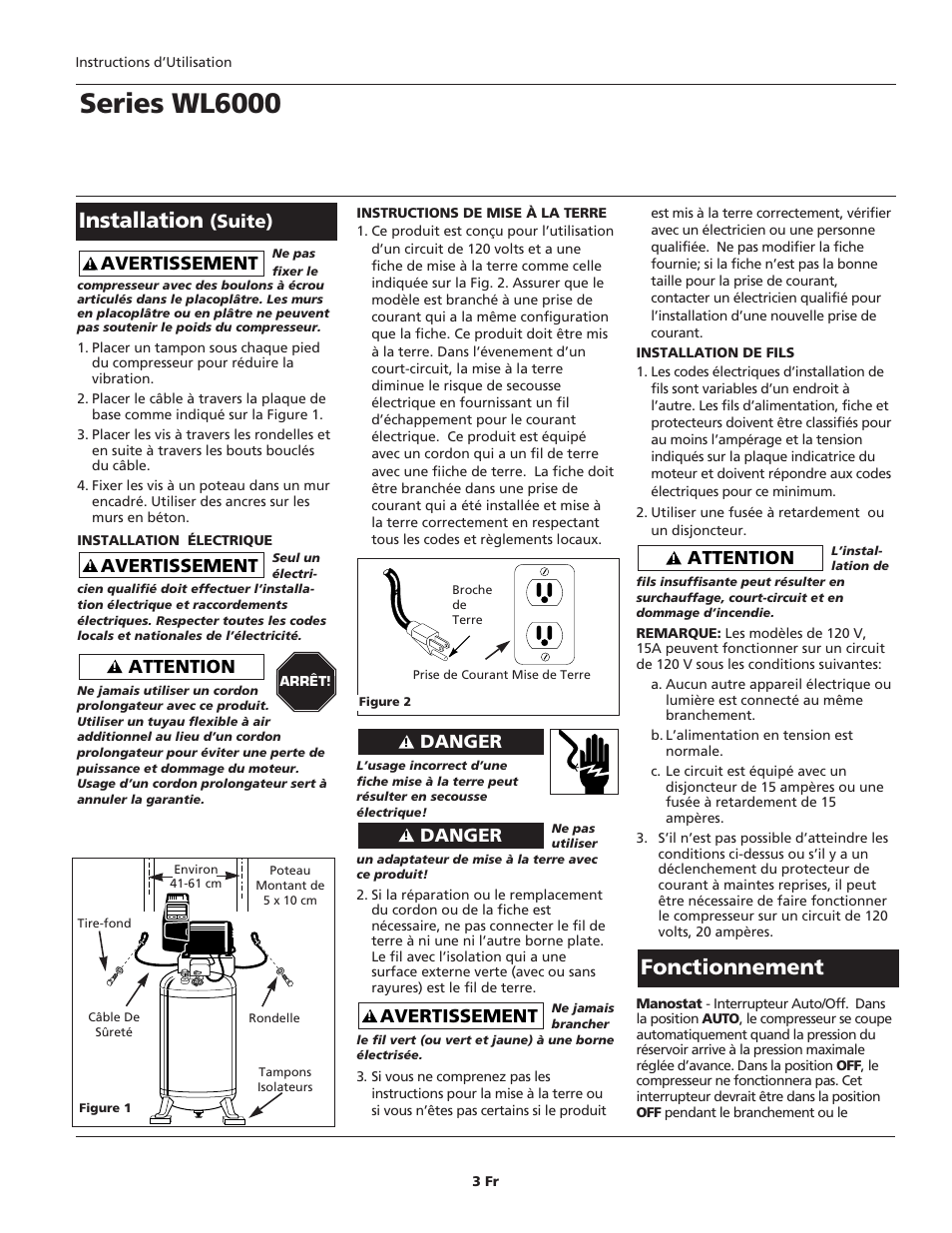 Series wl6000, Installation, Fonctionnement | Attention, Avertissement, Danger, Suite) | Campbell Hausfeld WL6000 User Manual | Page 11 / 24