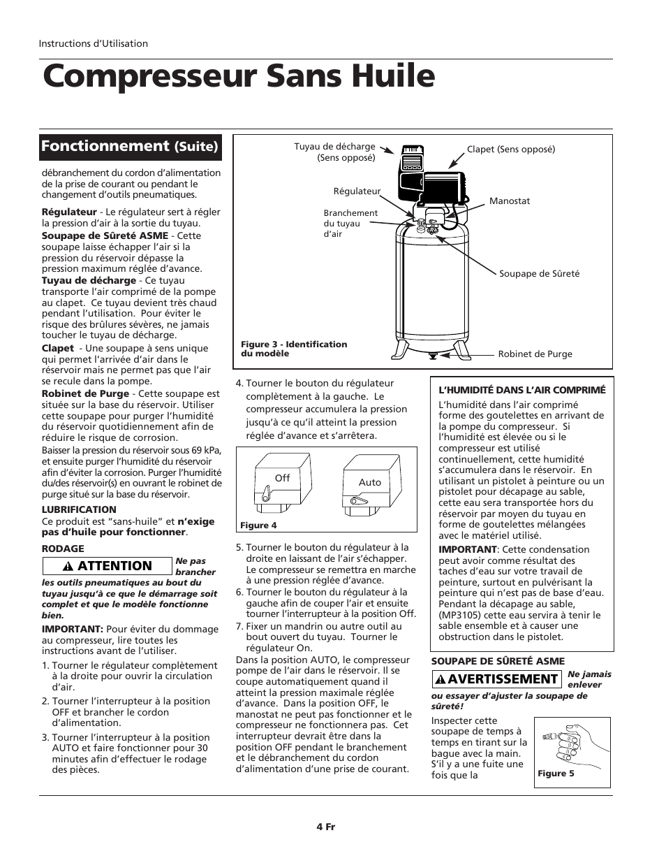 Compresseur sans huile, Fonctionnement, Attention | Avertissement, Suite) | Campbell Hausfeld WL6000 User Manual | Page 12 / 24
