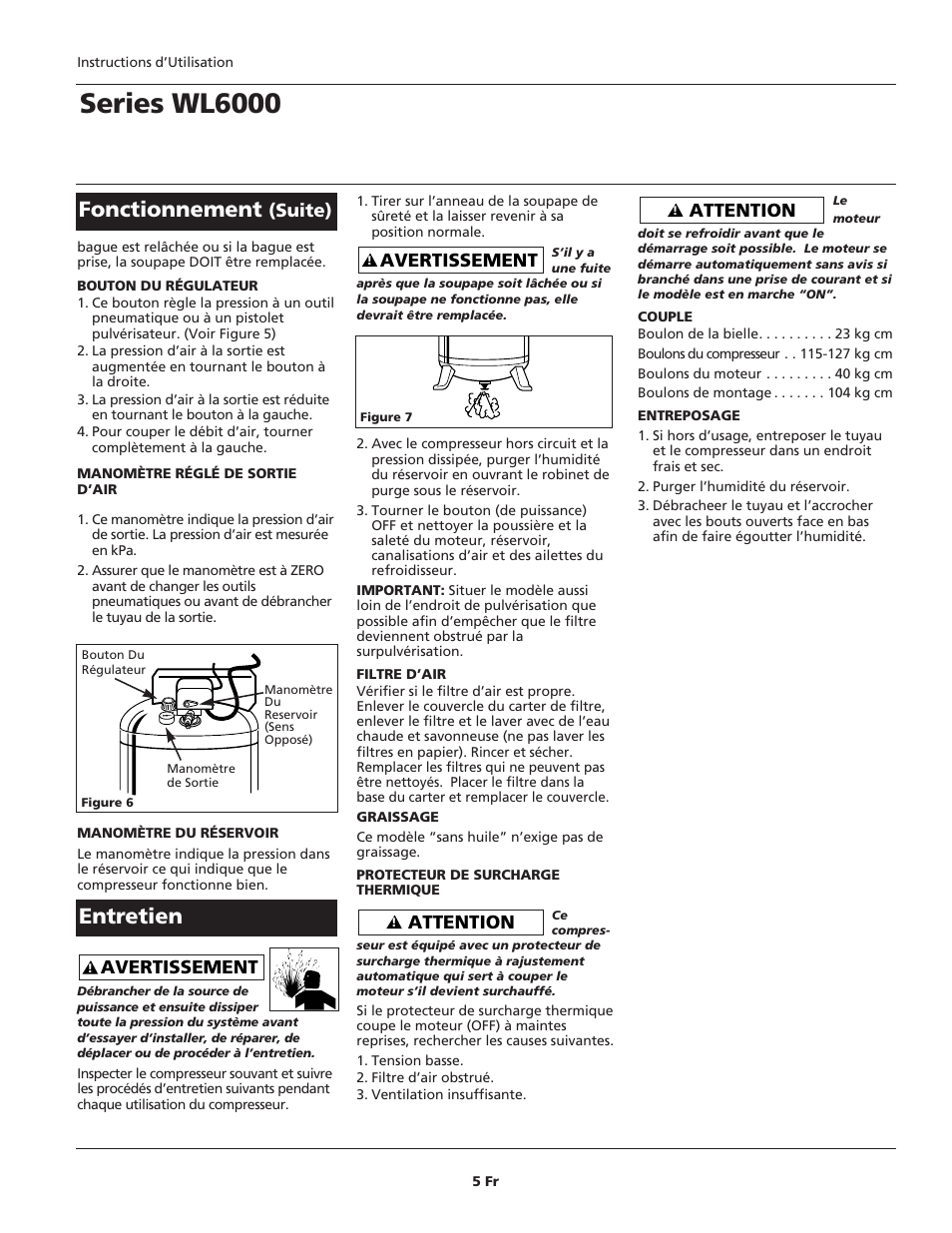 Series wl6000, Fonctionnement, Entretien | Attention, Avertissement, Suite) | Campbell Hausfeld WL6000 User Manual | Page 13 / 24