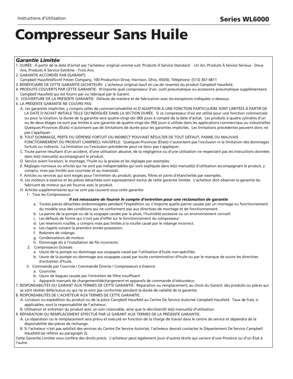 Compresseur sans huile, Series wl6000, Garantie limitée | Campbell Hausfeld WL6000 User Manual | Page 16 / 24
