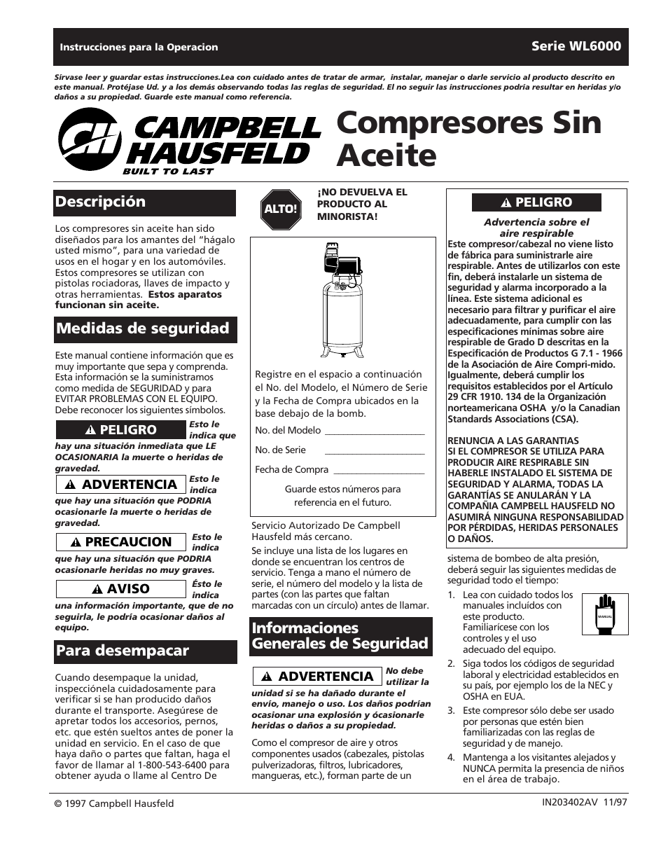 Compresores sin aceite, Advertencia, Aviso | Precaucion, Peligro, Serie wl6000 | Campbell Hausfeld WL6000 User Manual | Page 17 / 24