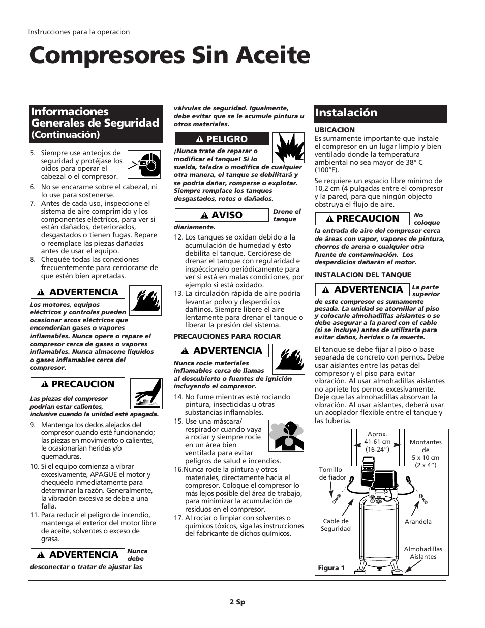 Compresores sin aceite, Instalación informaciones generales de seguridad, Advertencia | Precaucion, Aviso, Peligro, Continuación) | Campbell Hausfeld WL6000 User Manual | Page 18 / 24