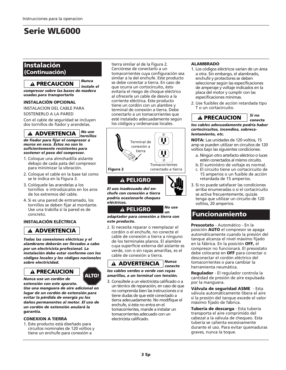 Serie wl6000, Instalación, Funcionamiento | Precaucion, Advertencia, Peligro, Continuación) | Campbell Hausfeld WL6000 User Manual | Page 19 / 24