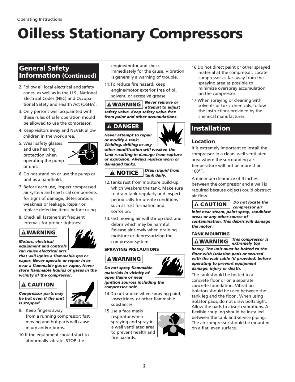 Oilless stationary compressors, General safety information, Installation | Notice, Continued) | Campbell Hausfeld WL6000 User Manual | Page 2 / 24