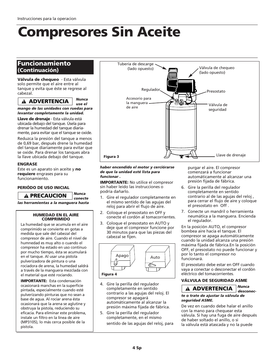 Compresores sin aceite, Funcionamiento, Precaucion | Advertencia, Continuación) | Campbell Hausfeld WL6000 User Manual | Page 20 / 24