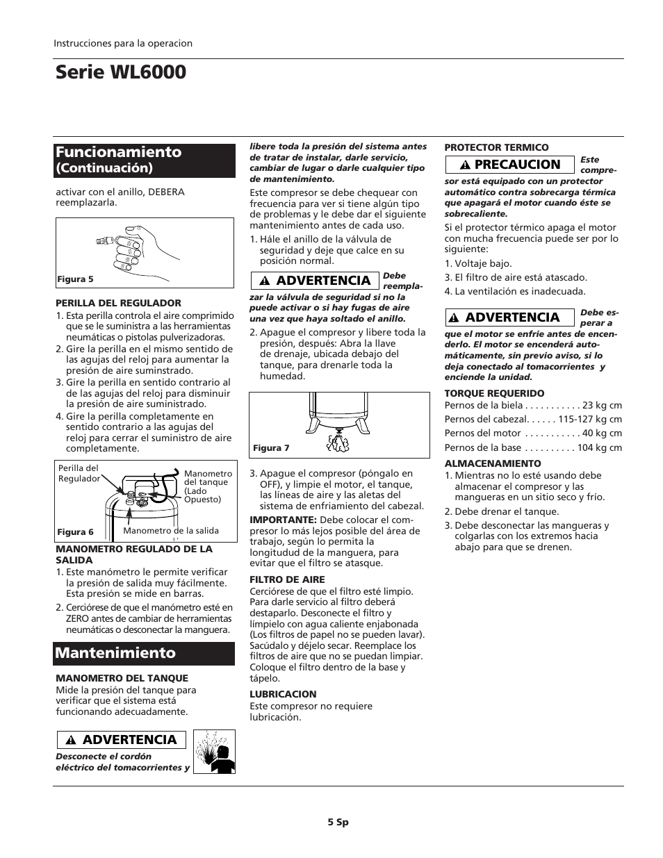 Serie wl6000, Mantenimiento funcionamiento, Advertencia | Precaucion, Continuación) | Campbell Hausfeld WL6000 User Manual | Page 21 / 24