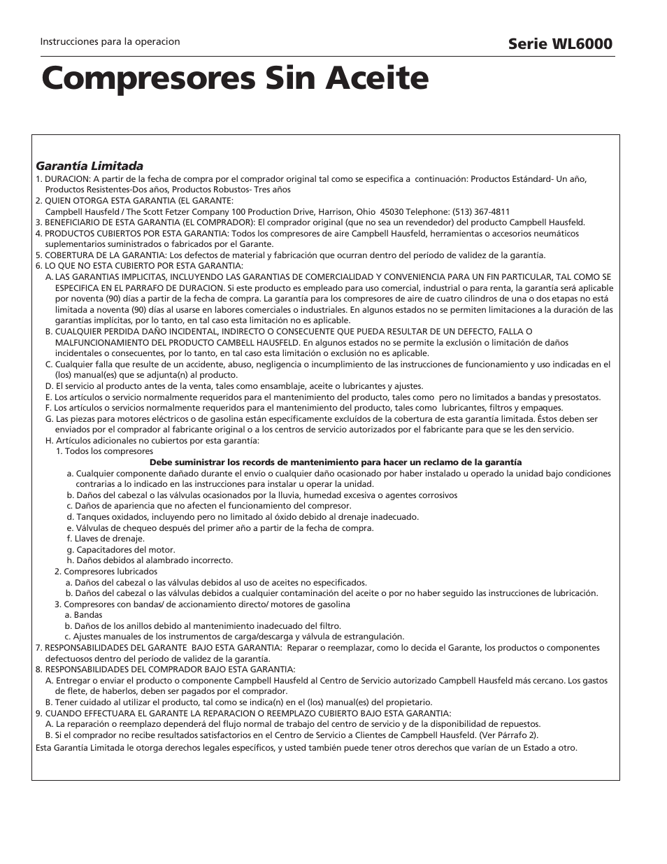 Compresores sin aceite, Serie wl6000, Garantía limitada | Campbell Hausfeld WL6000 User Manual | Page 24 / 24