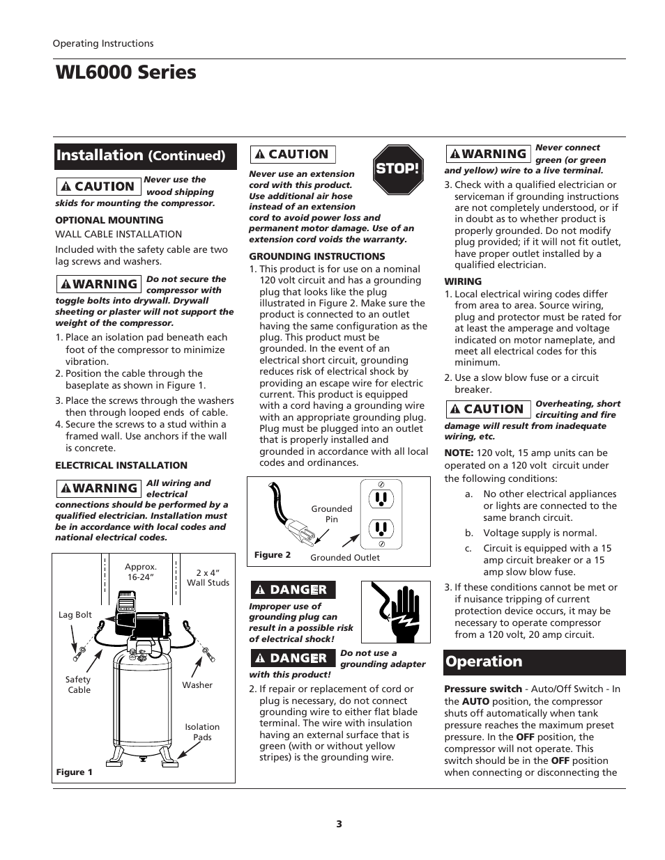 Wl6000 series, Installation, Operation | Stop, Continued) | Campbell Hausfeld WL6000 User Manual | Page 3 / 24