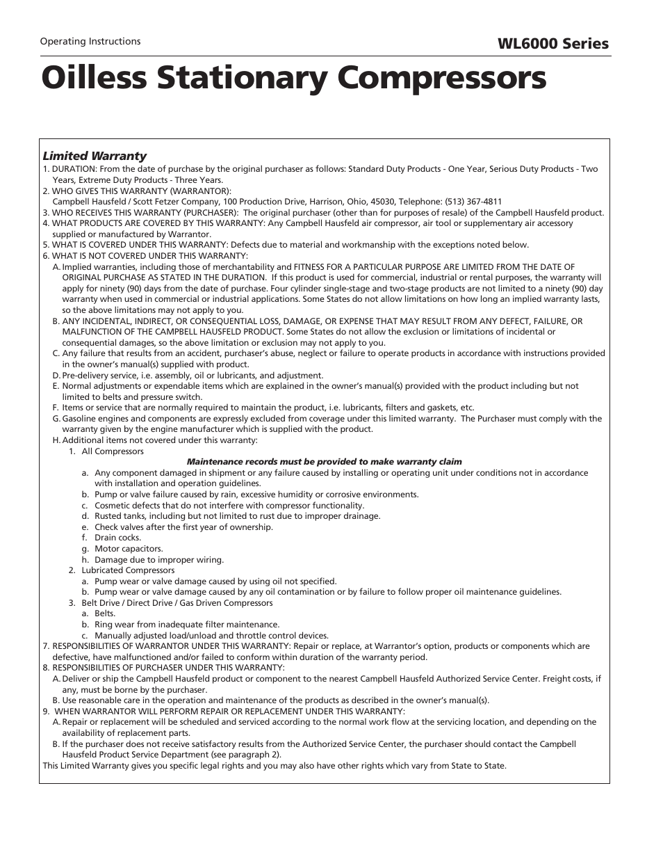 Oilless stationary compressors, Wl6000 series, Limited warranty | Campbell Hausfeld WL6000 User Manual | Page 8 / 24