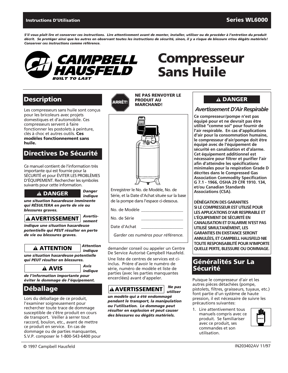 Compresseur sans huile, Avertissement, Series wl6000 | Avertissement d’air respirable, Danger, Avis, Attention | Campbell Hausfeld WL6000 User Manual | Page 9 / 24