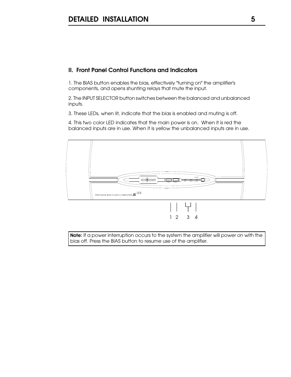 S55 p5.pdf, Detailed installation, Ii. front panel control functions and indicators | Coda Stereo Amplifier S12.5 User Manual | Page 6 / 16
