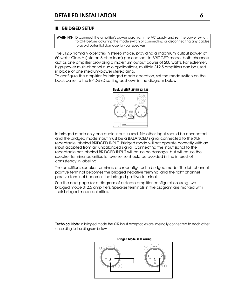 S55 p6.pdf, Detailed installation 6, Iii. bridged setup | Coda Stereo Amplifier S12.5 User Manual | Page 7 / 16