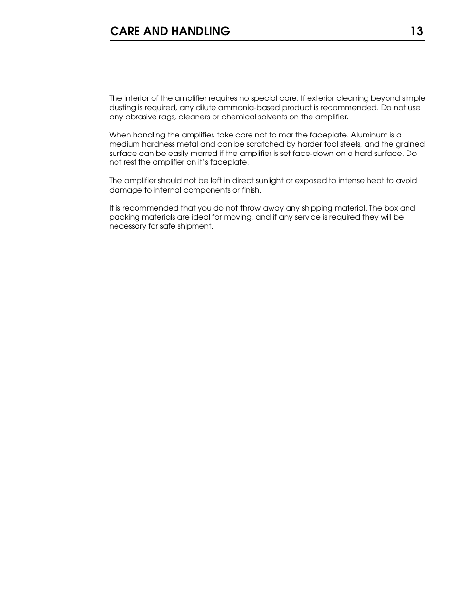 15 p13.pdf, Care and handling 13 | Coda Stereo Amplifier 15.5 User Manual | Page 14 / 17