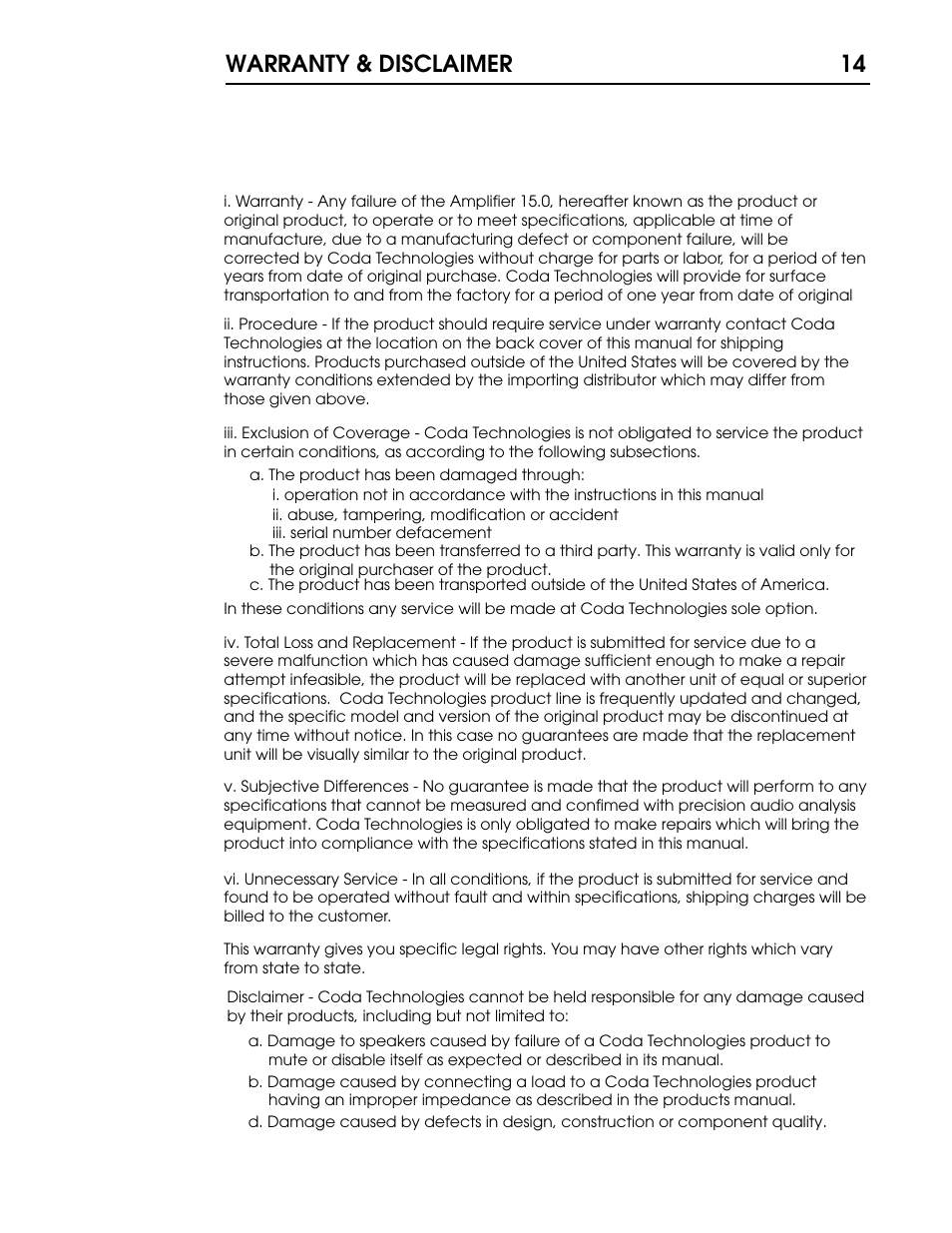 15 p14.pdf, Warranty & disclaimer 14 | Coda Stereo Amplifier 15.5 User Manual | Page 15 / 17
