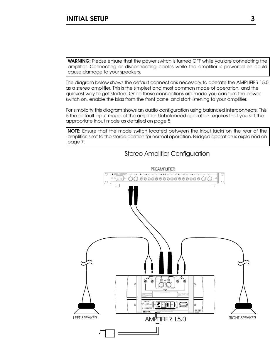 15 p3.pdf, Initial setup 3, Stereo amplifier configuration | Amplifier 15.0 | Coda Stereo Amplifier 15.5 User Manual | Page 4 / 17