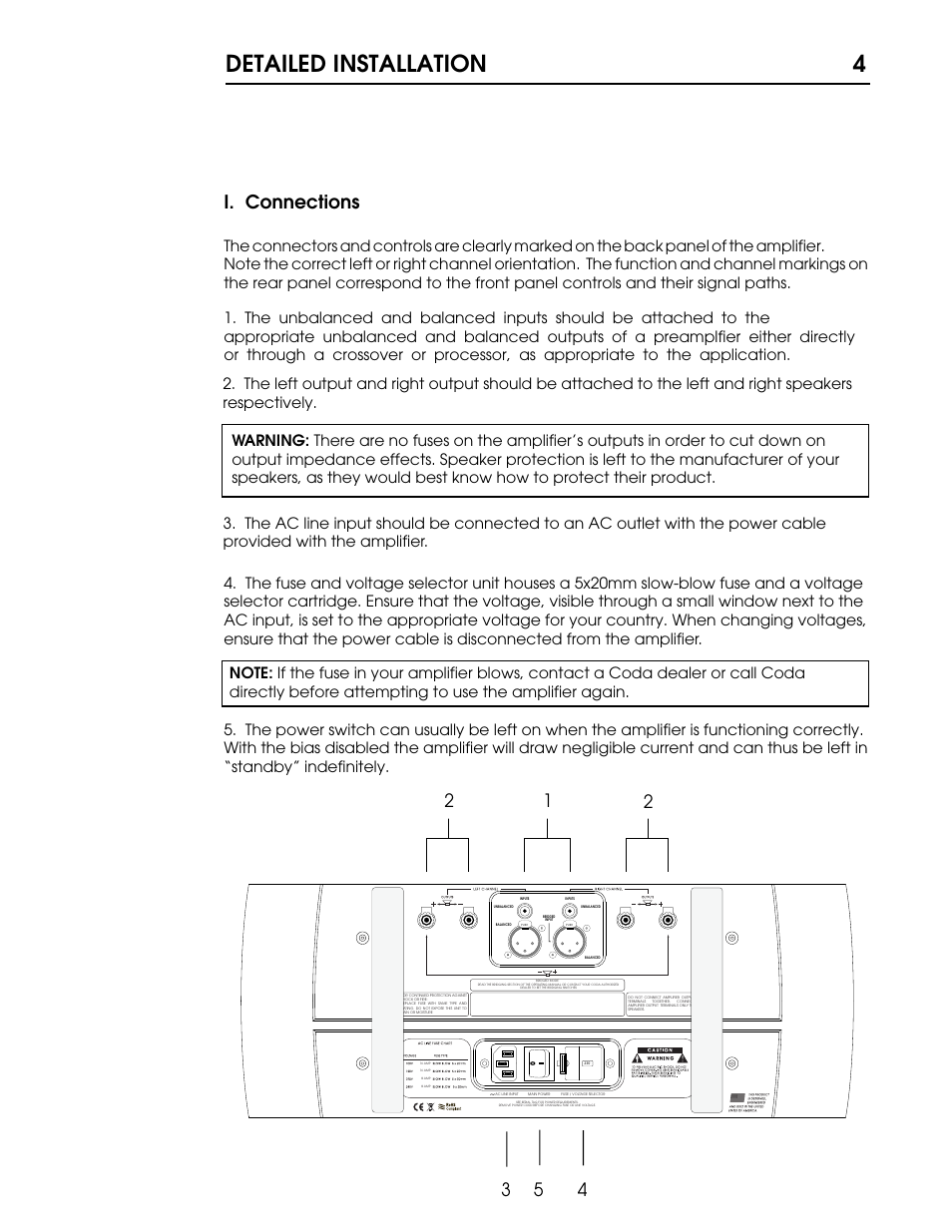15 p4.pdf, Detailed installation 4, I. connections | Coda Stereo Amplifier 15.5 User Manual | Page 5 / 17