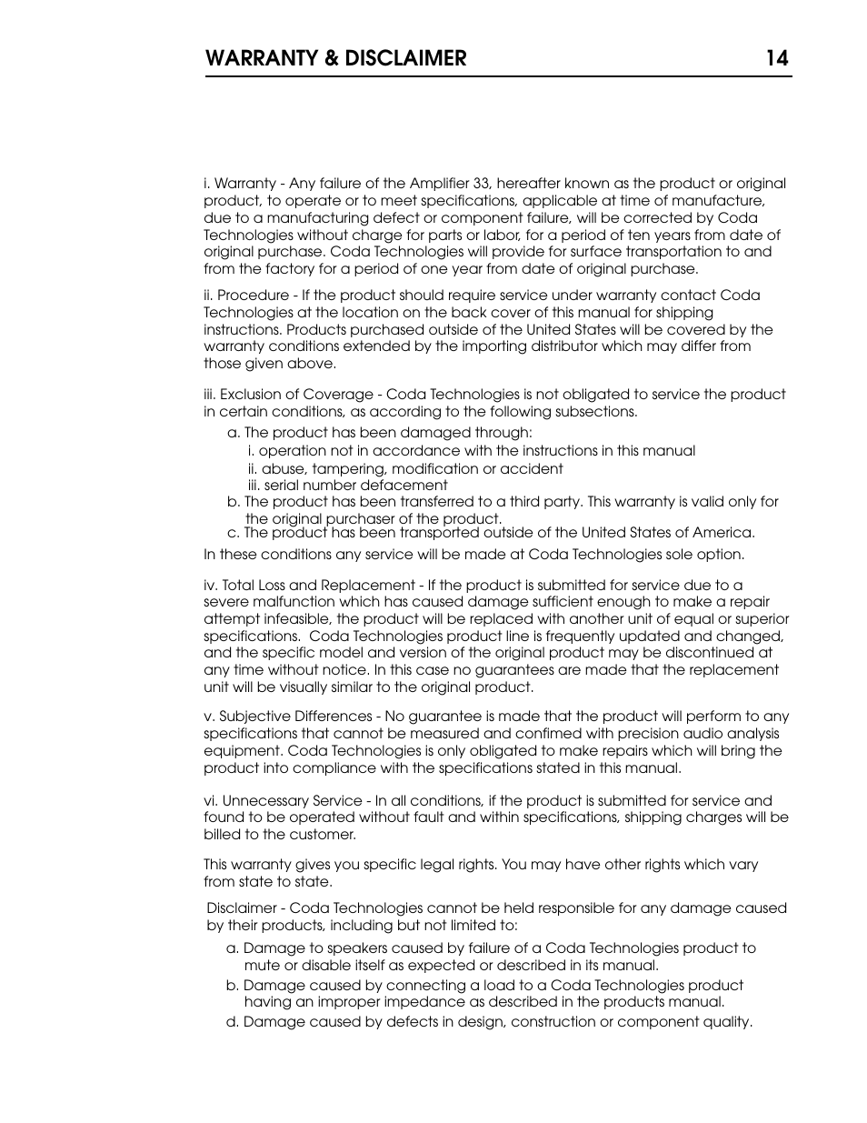 33 p14 copy.pdf, Warranty & disclaimer 14 | Coda Stereo Amplifier 40.0 User Manual | Page 15 / 17