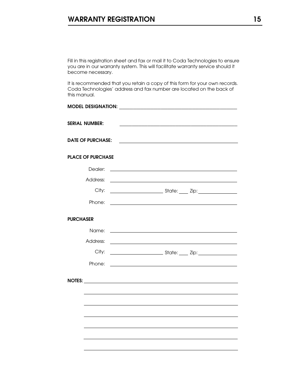 33 p15 copy.pdf, Warranty registration 15 | Coda Stereo Amplifier 40.0 User Manual | Page 16 / 17