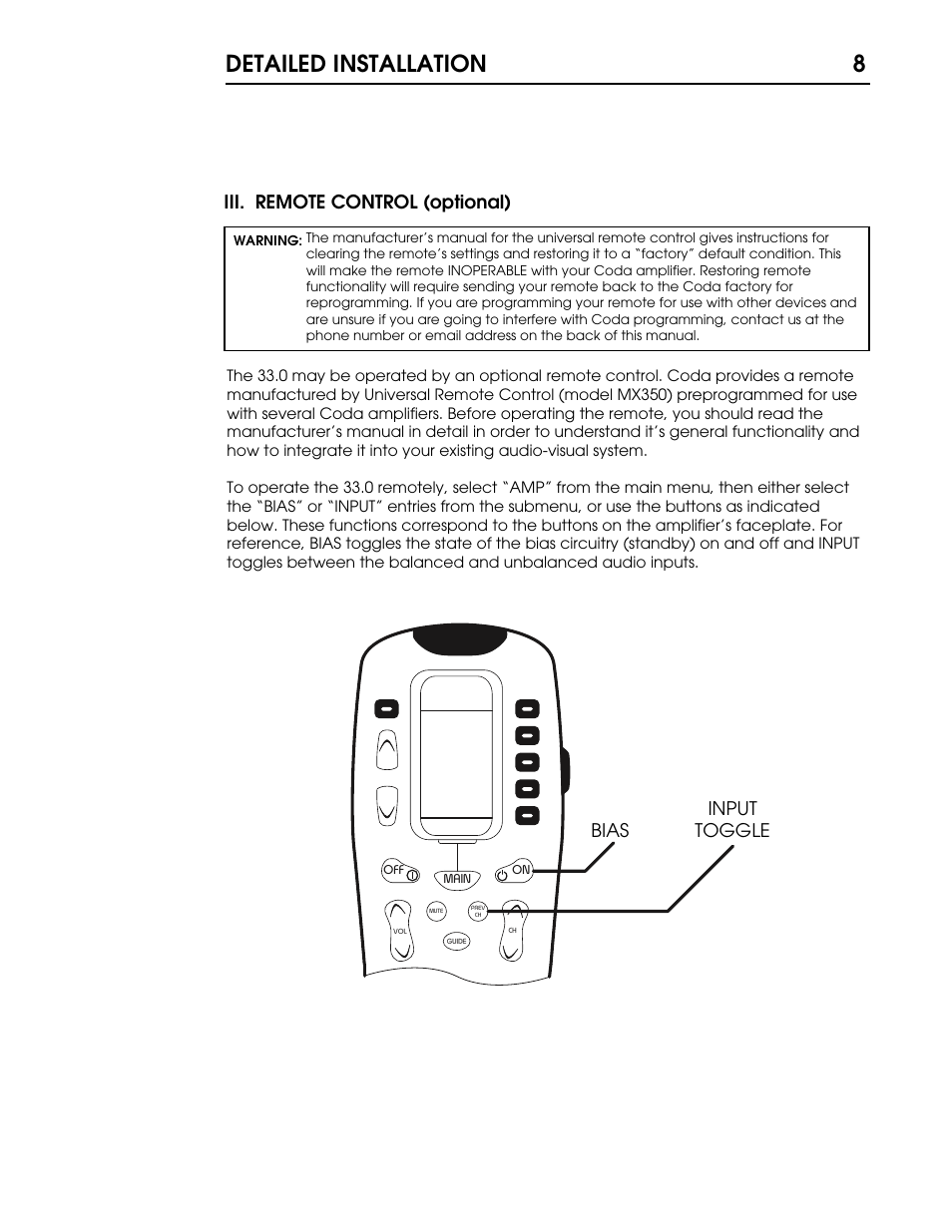 33 p8 copy.pdf, Detailed installation 8, Bias input | Iii. remote control (optional), Csi input toggle bias | Coda Stereo Amplifier 40.0 User Manual | Page 9 / 17
