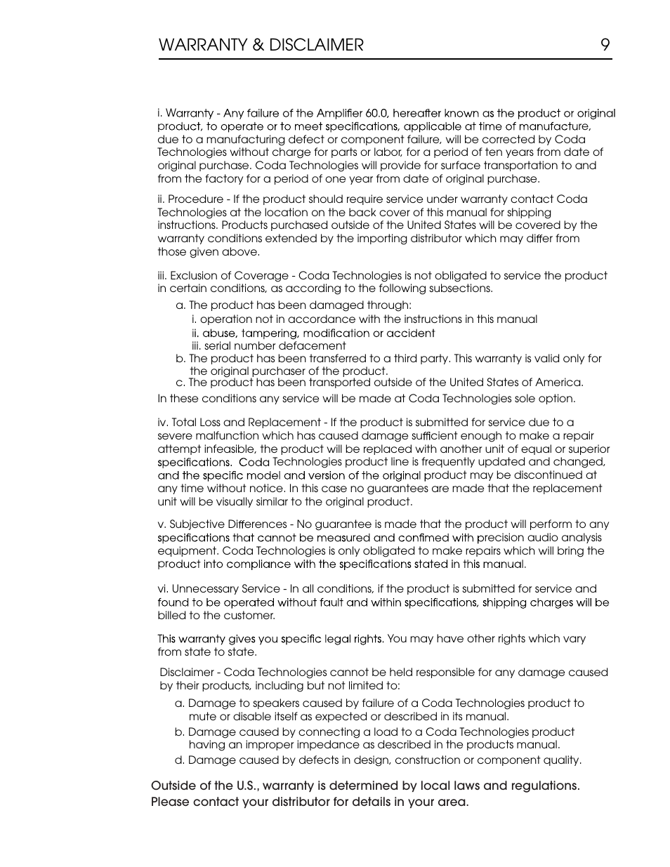 33 p14 copy.pdf, Warranty & disclaimer 9 | Coda 60.0 Mono Amplifier User Manual | Page 11 / 13