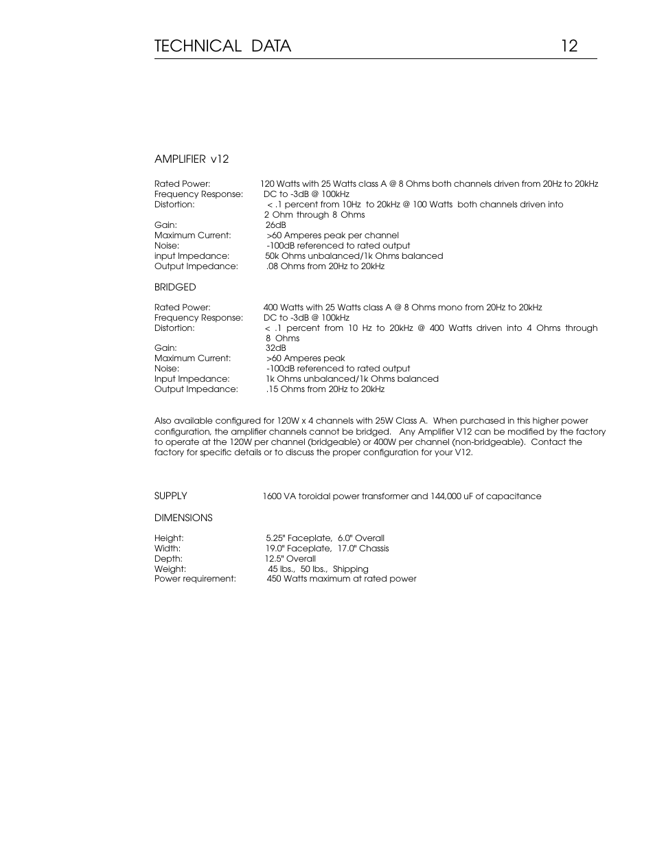 V12manual 13.pdf, 12 technical data | Coda Multichannel A/V Amplifier V12 User Manual | Page 13 / 17