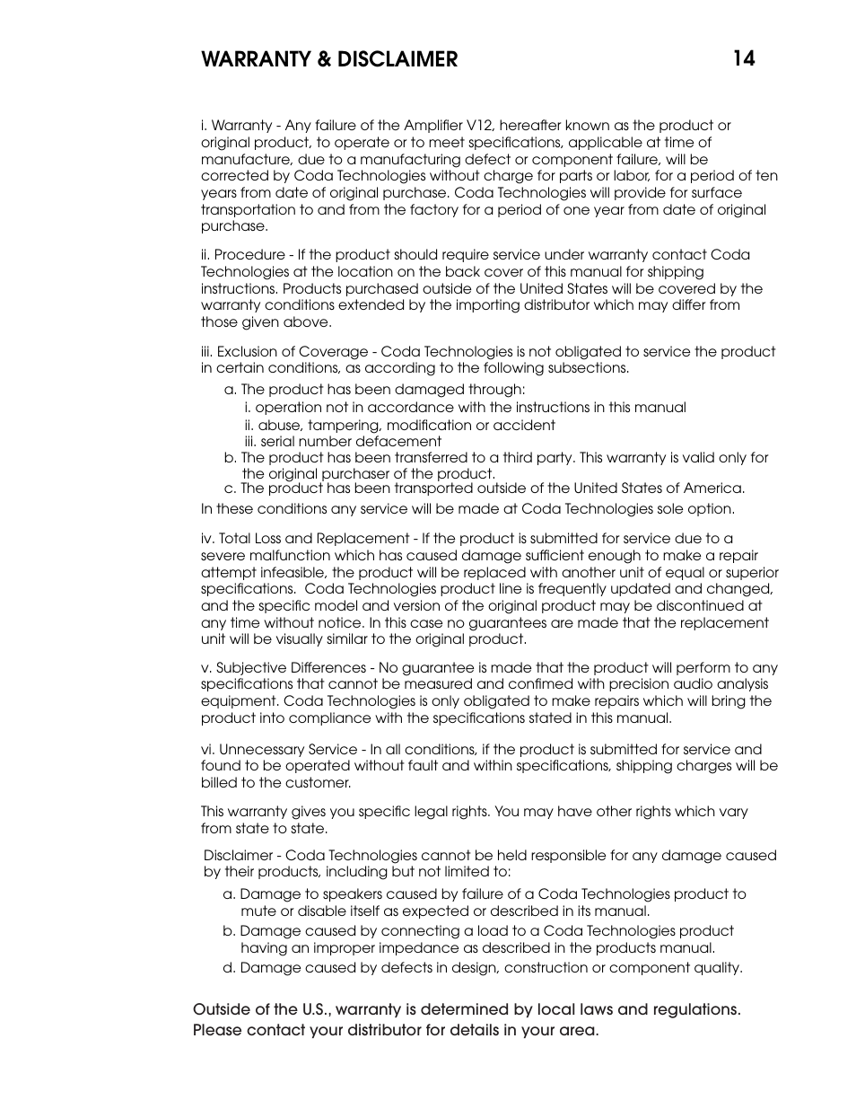 14 warranty & disclaimer | Coda Multichannel A/V Amplifier V12 User Manual | Page 15 / 17