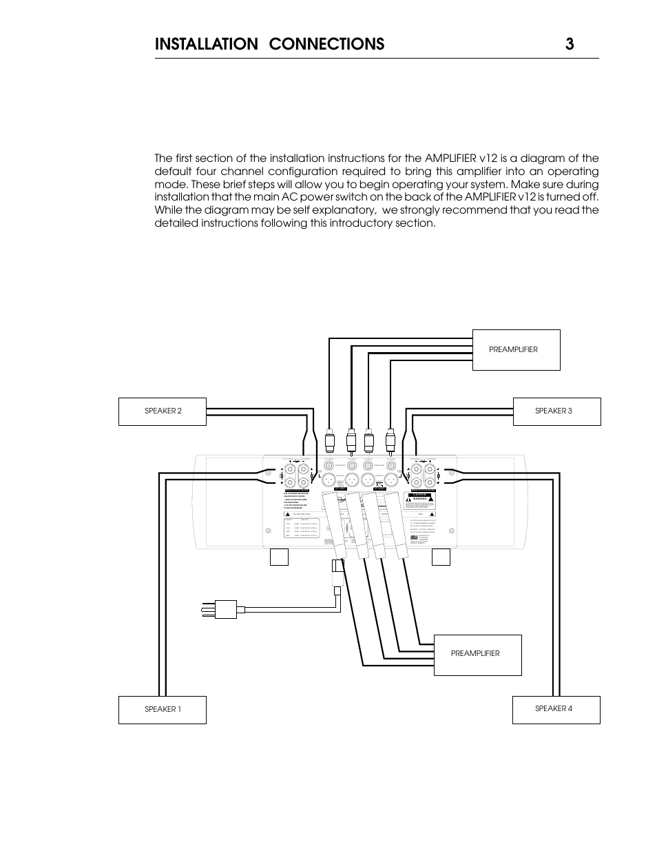 V12manual 4.pdf, 3installation connections, Unbridged | Manufactured in the usa | Coda Multichannel A/V Amplifier V12 User Manual | Page 4 / 17