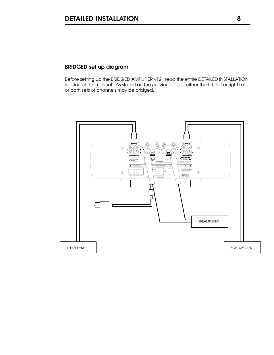 V12manual 9.pdf, Detailed installation 8, Bridged set up diagram | Unbridged, Manufactured in the usa, Right speaker left speaker preamplifier | Coda Multichannel A/V Amplifier V12 User Manual | Page 9 / 17