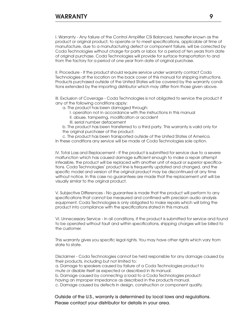 Warranty 9 | Coda CSiB Integrated Amplifier User Manual | Page 10 / 12