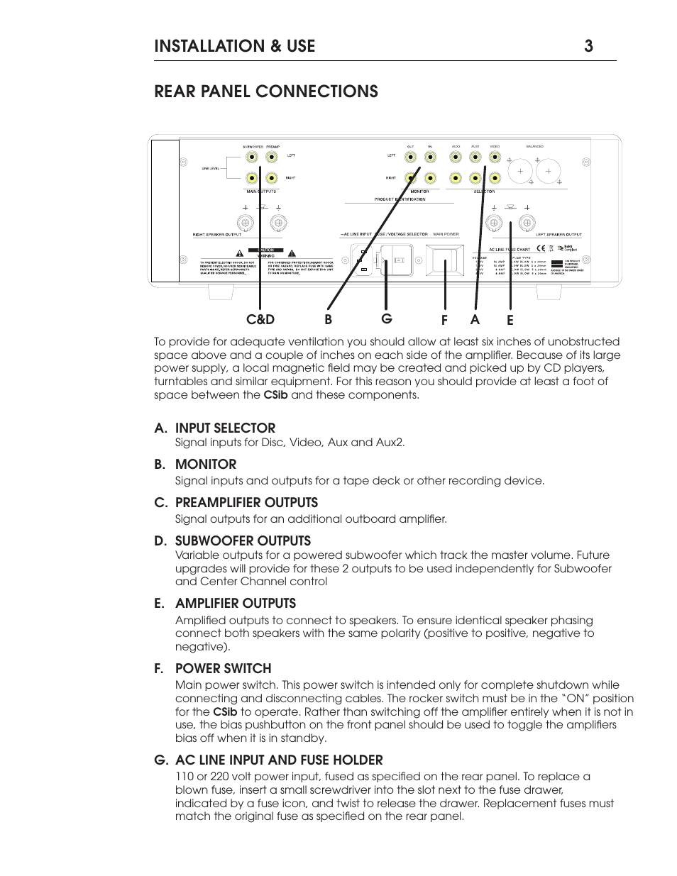 Installation & use 3 rear panel connections | Coda CSiB Integrated Amplifier User Manual | Page 4 / 12