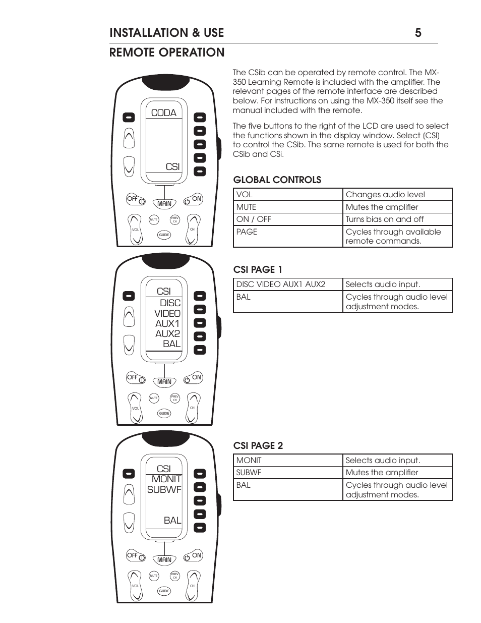 Installation & use 5 remote operation, Global controls csi page 1 csi page 2 | Coda CSiB Integrated Amplifier User Manual | Page 6 / 12