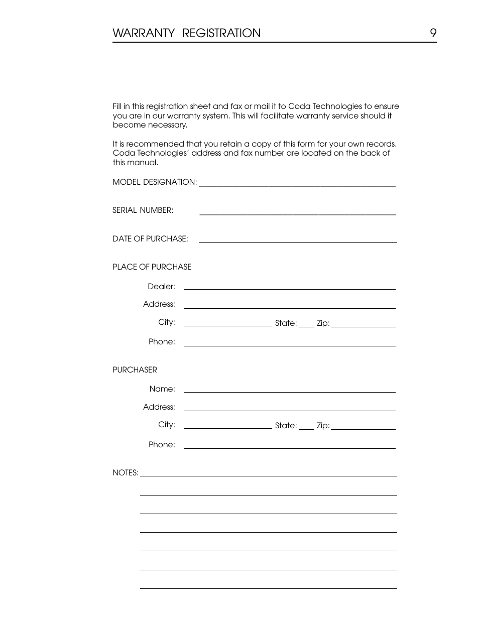 9 registration.ai, 9warranty registration | Coda CP Phono and Line Preamplifier User Manual | Page 10 / 11