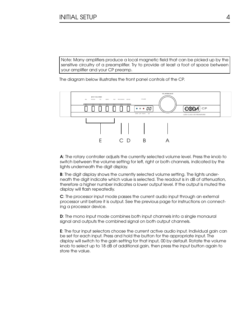 4 instructions.ai, 4initial setup, Ec d b a | Coda CP Phono and Line Preamplifier User Manual | Page 5 / 11