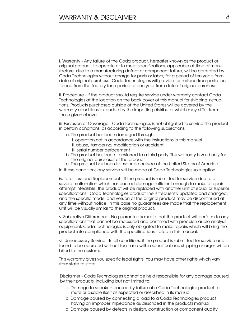 8warranty & disclaimer | Coda CP Phono and Line Preamplifier User Manual | Page 9 / 11