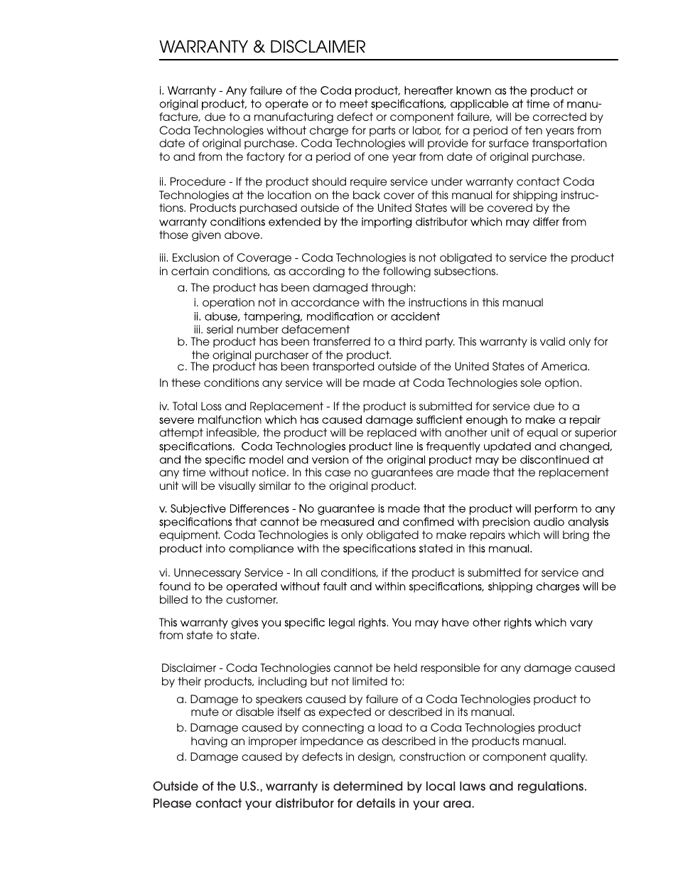 Csx manual web 8.ai, Warranty & disclaimer | Coda Continuum Ts User Manual | Page 8 / 11