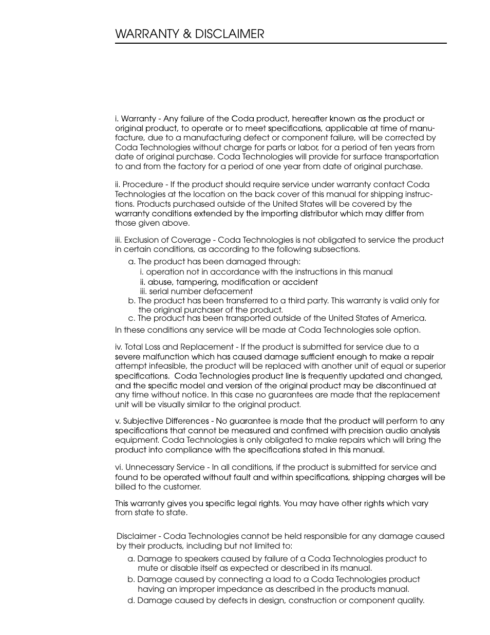 Cx manual web 8.ai, Warranty & disclaimer | Coda Continuum Monoblock Amplifier Tm User Manual | Page 8 / 11