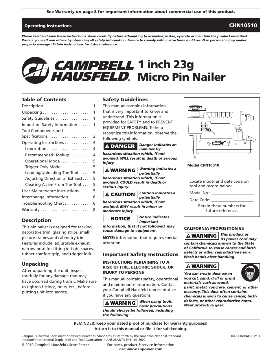 Campbell Hausfeld CHN10510 User Manual | 24 pages