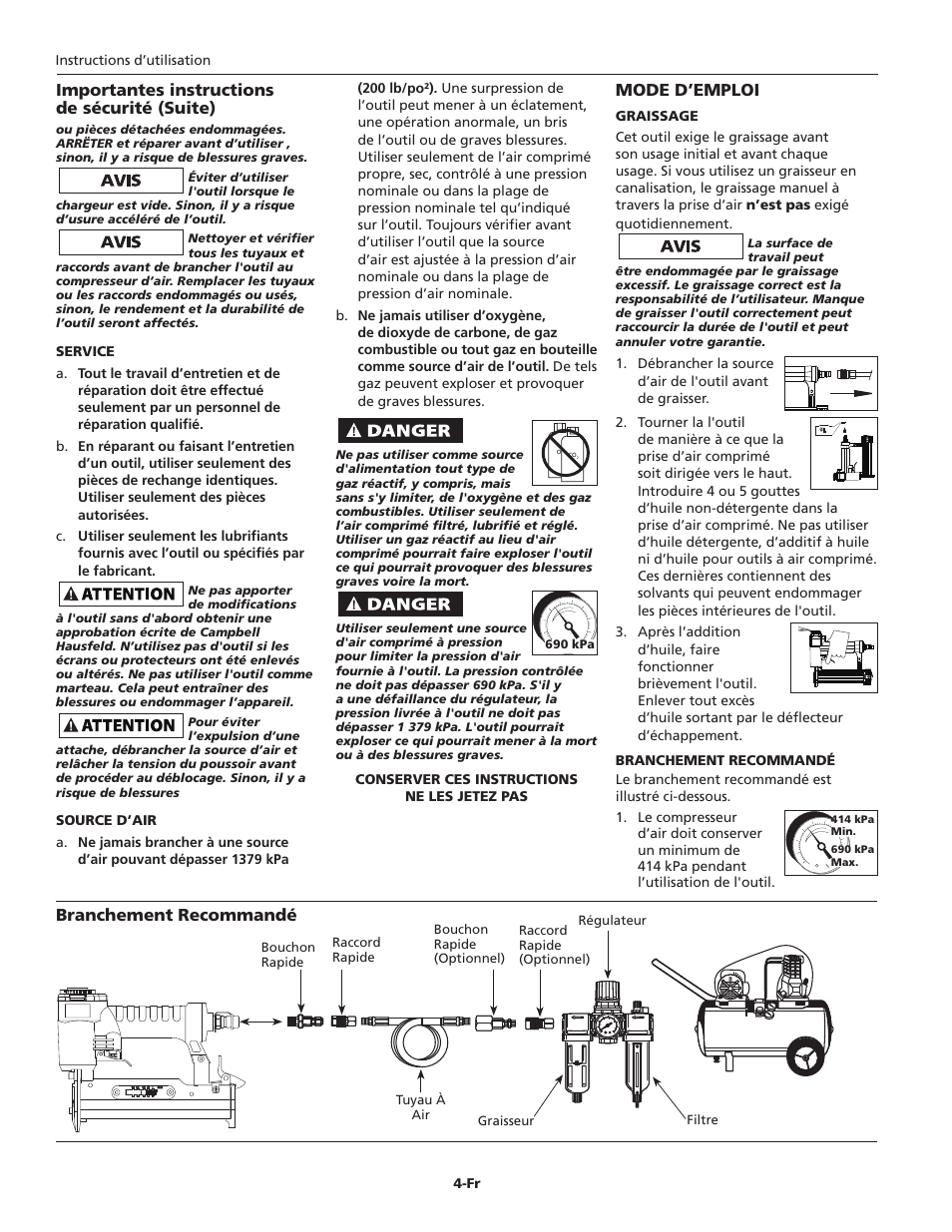 Mode d’emploi, Importantes instructions de sécurité (suite), Branchement recommandé | Campbell Hausfeld CHN10510 User Manual | Page 12 / 24