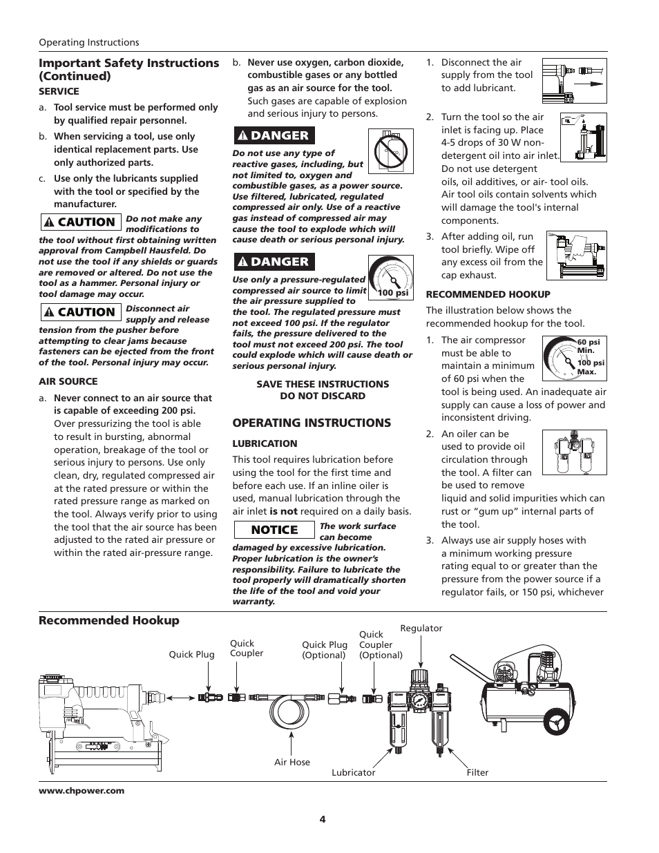 Important safety instructions (continued), Operating instructions, Recommended hookup | Campbell Hausfeld CHN10510 User Manual | Page 4 / 24