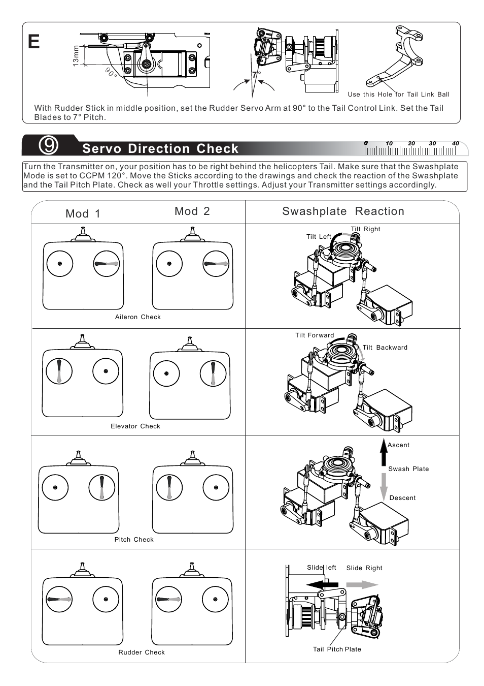 Step9, Servo direction check, Mod 1 mod 2 swashplate reaction | Compass Atom 500 User Manual | Page 12 / 26