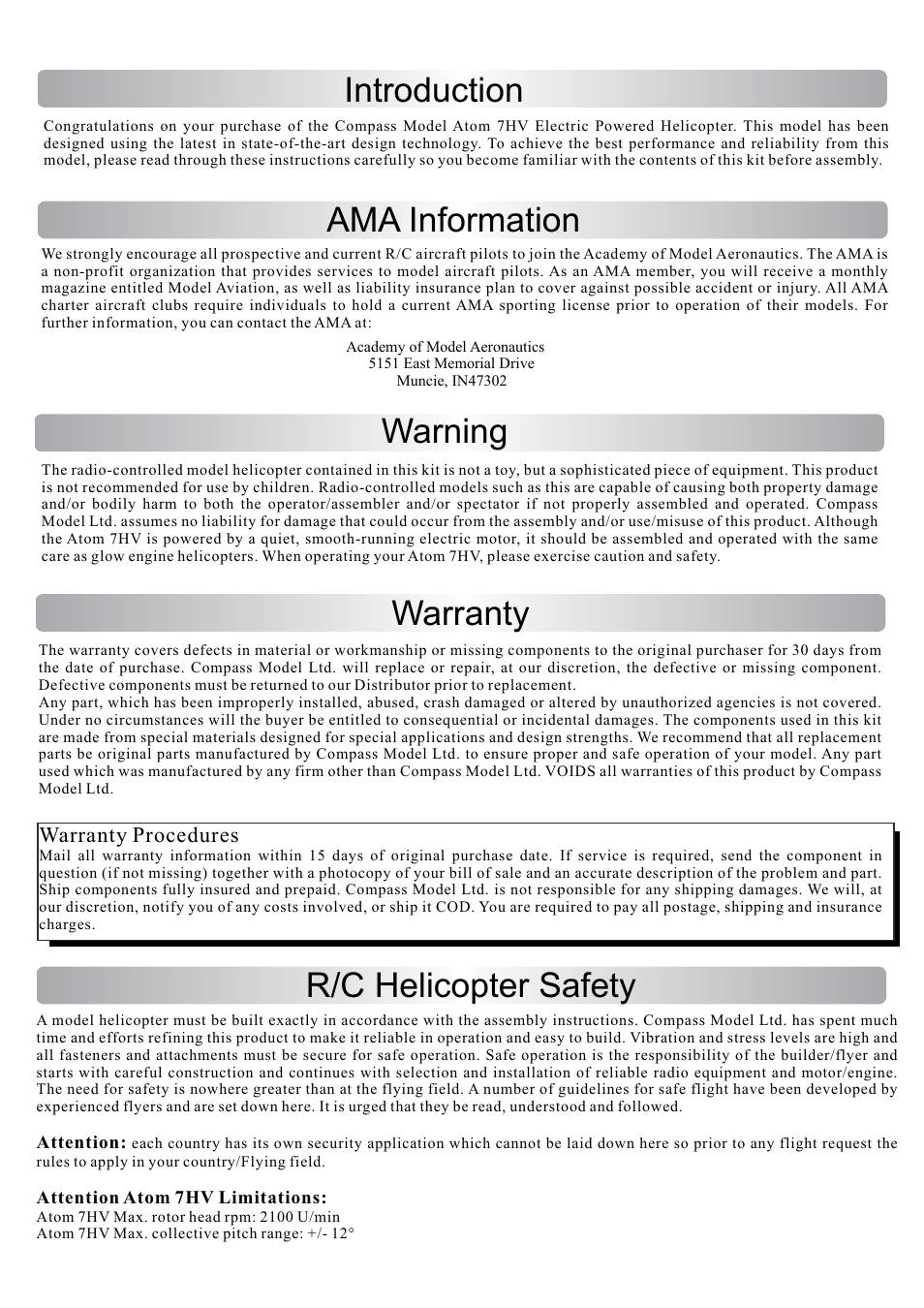 Introduction warning warranty ama information, R/c helicopter safety | Compass Atom 7HV Ultimate User Manual | Page 3 / 36