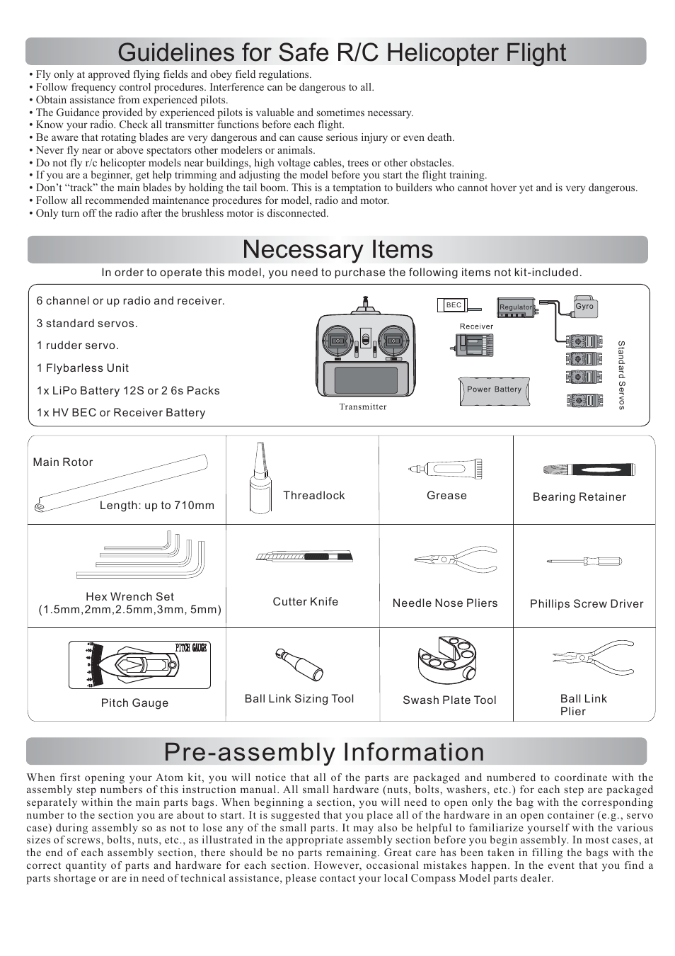 Necessary items, Pre-assembly information, Guidelines for safe r/c helicopter flight | Compass Atom 7HV Ultimate User Manual | Page 4 / 36