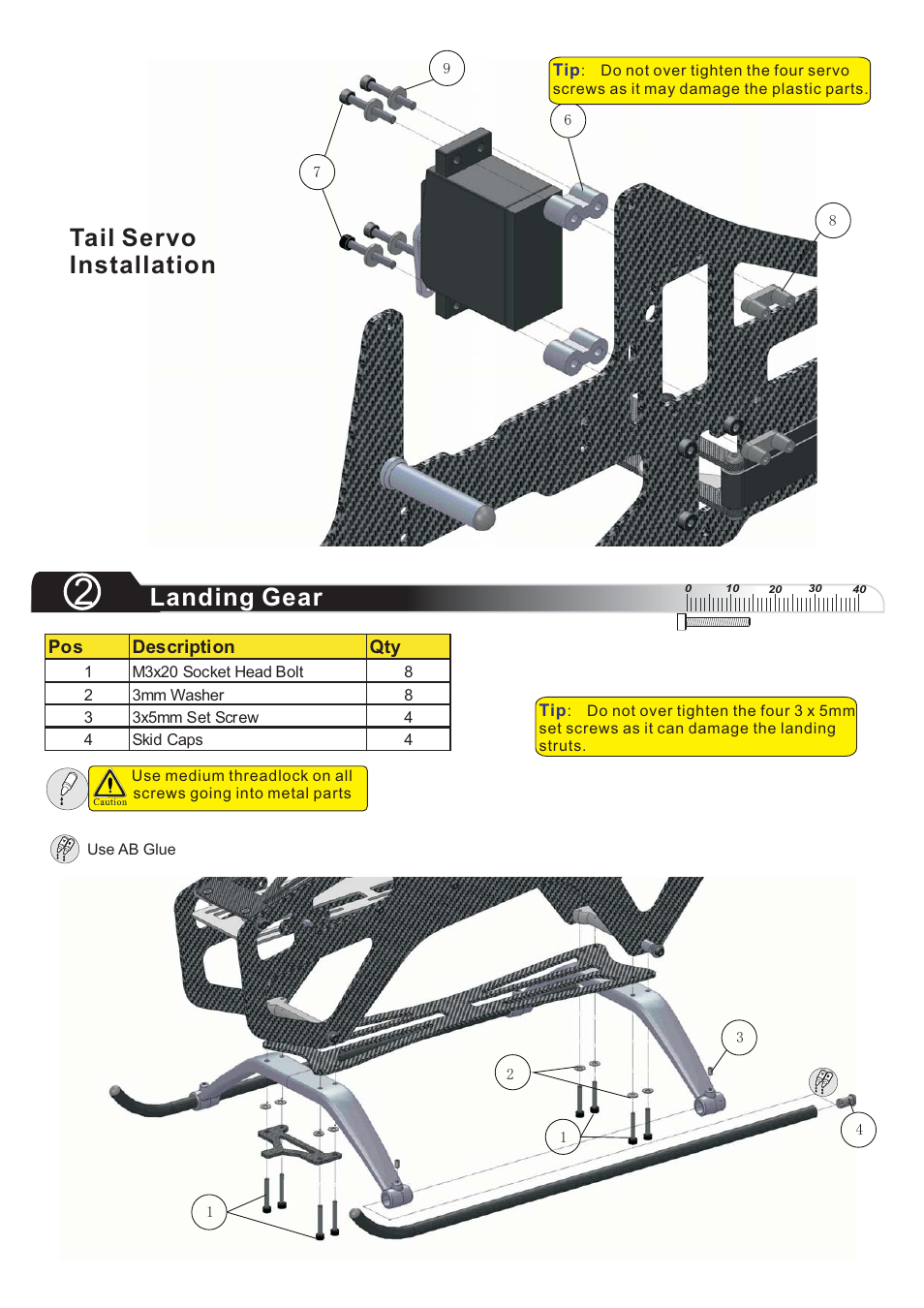 Landing gear, Tail servo installation, Pos description qty | Compass Atom 7HV Ultimate User Manual | Page 7 / 36