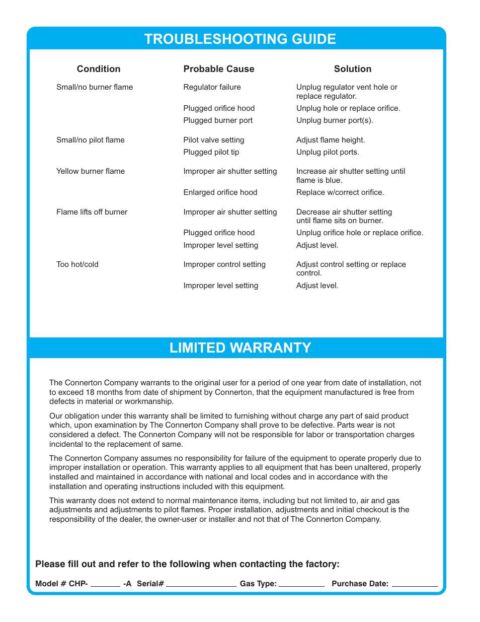Troubleshooting guide, Limited warranty | Connerton CHP-A Budget Series User Manual | Page 4 / 4