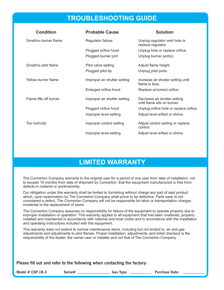 Troubleshooting guide, Limited warranty | Connerton CSP Series User Manual | Page 4 / 4